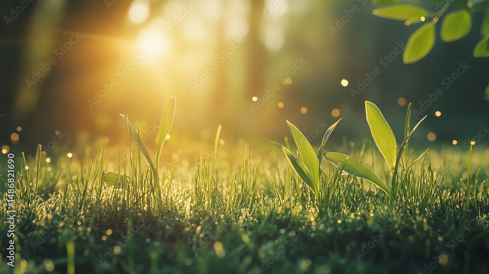Fototapeta premium Golden Sunrise Illuminates Lush Green Grass Blades Dew Drops Sparkling Fresh Spring Nature Scene Tranquil Peaceful Serene Vibrant Sunlight Early Morning Blur Life Hope 