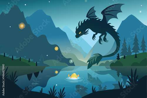 Dragon's Descent: Majestic Black Dragon Plunges into Tranquil Lake at Night