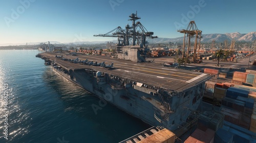 Aerial view of an aircraft carrier docked at a busy port with containers and cranes in background