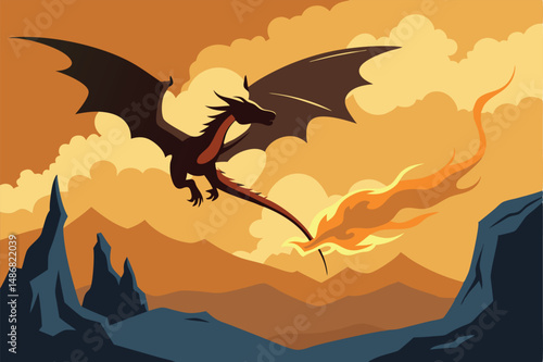 Majestic Silhouette of a Dragon Soaring Through the Evening Sky