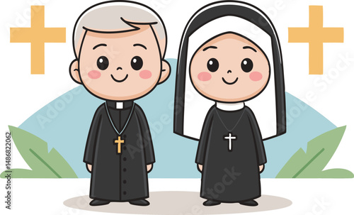 A cheerful cartoon priest and nun, both smiling, with cross symbols in the background.