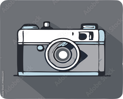 Illustration of a vintage camera on a grey background.