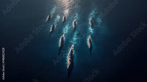 Aerial view of multiple boats navigating through calm blue waters, with sunlight reflecting