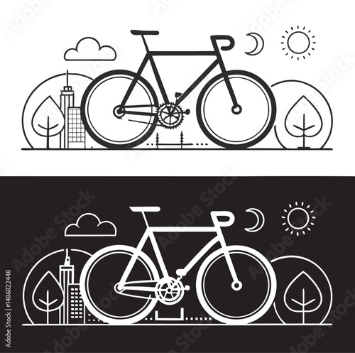 Stylized bicycle illustration with city and nature elements in monochrome design.