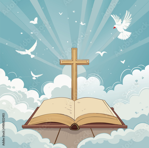 Illustration of an open book with a wooden cross and doves against a sky background.