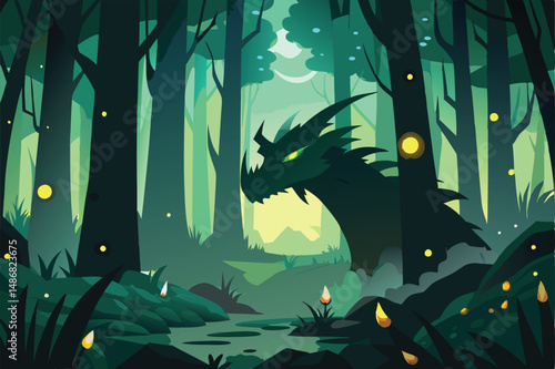 Enigmatic Dragon's Silhouette Amongst the Verdant Forest Realm