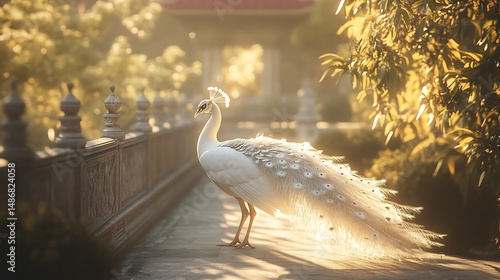 White peacock in garden sunlight