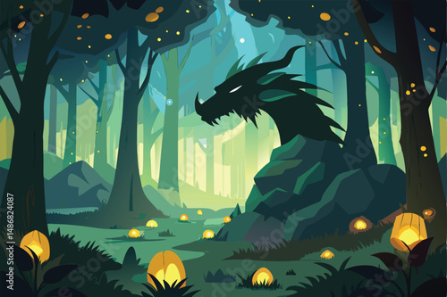 Silhouette of a Dragon Concealed Within a Verdant Forest Clearing