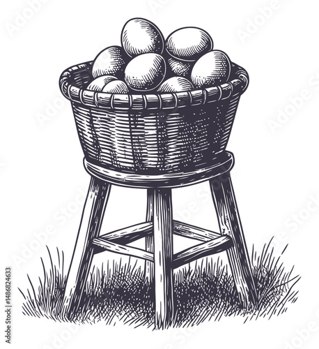 Hand-Drawn Basket Filled with Fresh Eggs in Black and White Illustration