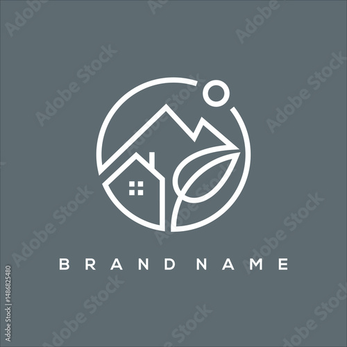 line art icon house mountain and sun with circle leaves logo vector