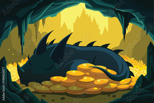 Dreamy Silhouette of a Sleeping Dragon Resting Upon a Golden Treasure Trove
