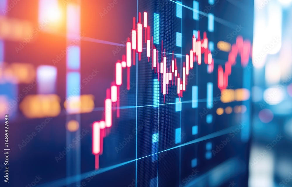 Financial data displayed on a screen, showing a mixed upward and downward trend in stock market charts Financial data displayed on a screen, showing a mixed upward and downward trend in stock market charts