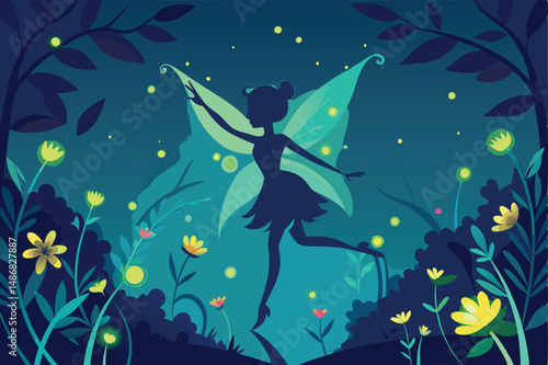 Silhouette of a Fairy Dancing Amidst Luminescent Blossoms