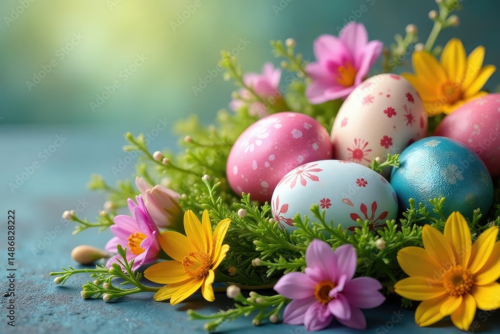 Decorated eggs nestled in a spring flower arrangement, celebrating Easter , decoration, eggs Decorated eggs nestled in a spring flower arrangement, celebrating Easter , decoration, eggs