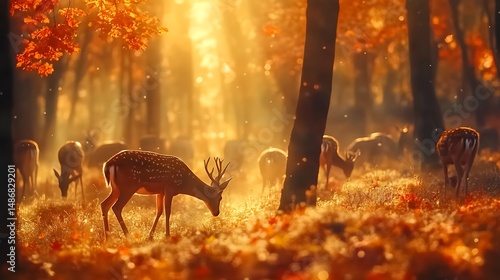 Deer grazing in autumn forest sunlight