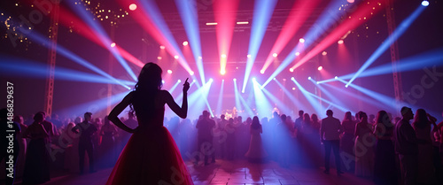 Electrifying DJ Sets and Energetic Dance Floors: Vivid Prom Night Music Visuals with Dynamic Stage Effects for Upscale Formal Galas - Premium Photo Stock Concept