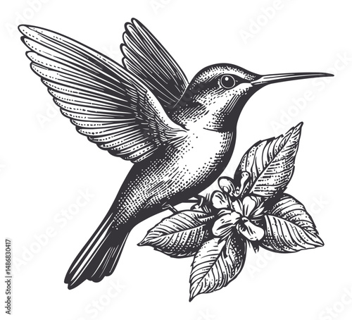 Detailed Black and White Vector Art of Hummingbird with Flowers