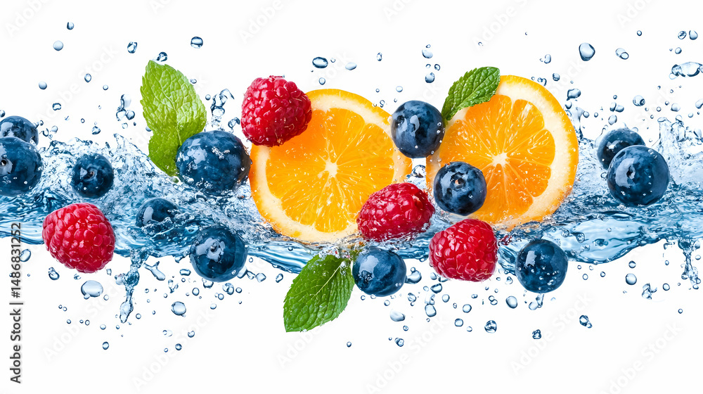 Fresh strawberries, raspberries, and blueberries splash in clear water, a healthy and sweet summer dessert Fresh strawberries, raspberries, and blueberries splash in clear water, a healthy and sweet summer dessert