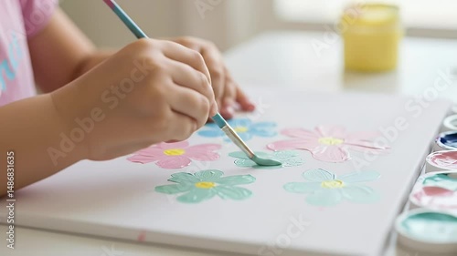 Child painting flowers on canvas