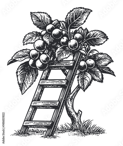Vintage Vector Illustration of Fruit Tree with Ladder in Black and White