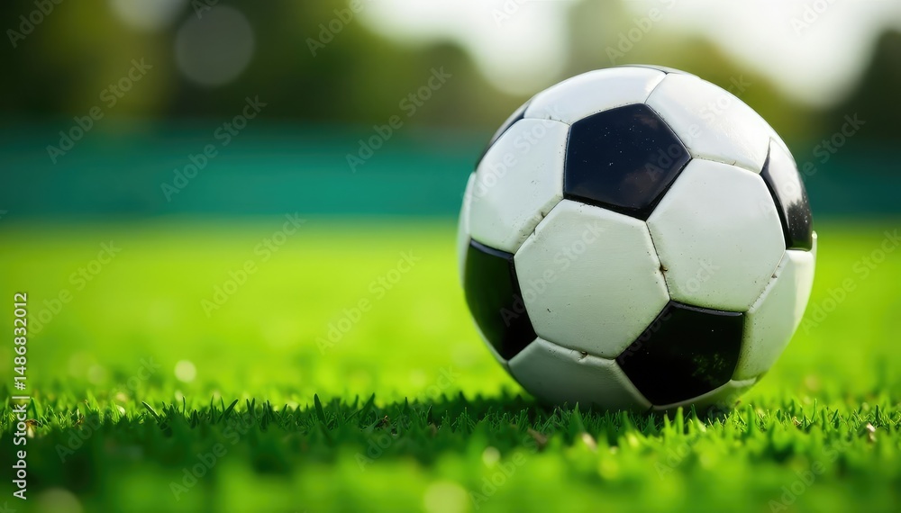 Fototapeta premium Brand new soccer ball on green field, ready for kickoff, outdoor, sport, leisure