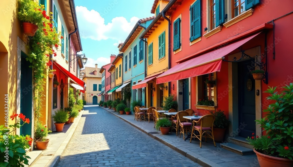 Fototapeta premium Charming European city street scene, cobblestone road, colorful buildings, cafe, flowers , plant, peaceful