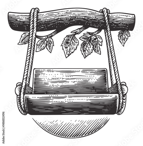 Vintage Wooden Swing with Rope and Leaves in Detailed Vector Art Style