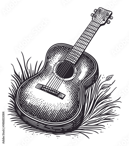 Vintage Acoustic Guitar Illustration in Nature Setting Vector Art
