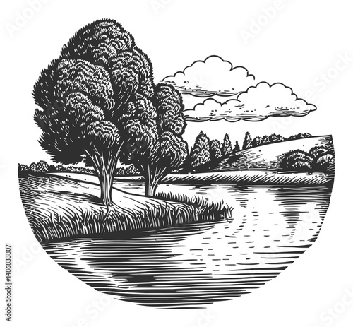 Detailed Vector Drawing of Serene Landscape with Trees and Water