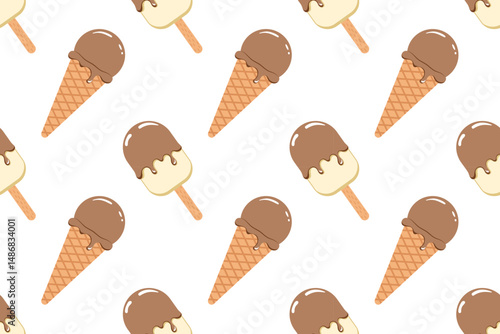 Seamless pattern with chocolate ice cream cones and popsicles on transparent background. Ideal for summer-themed packaging, textiles, and digital design