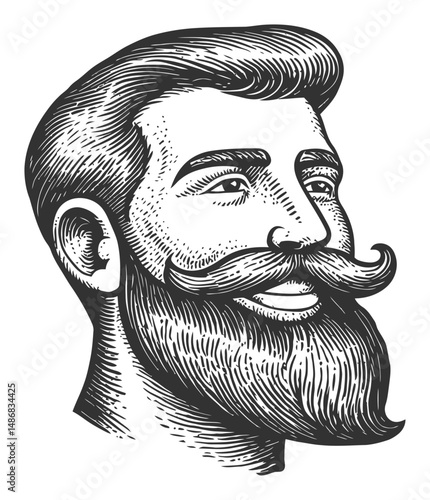 Detailed Vintage Style Illustration of a Bearded Man with Mustache