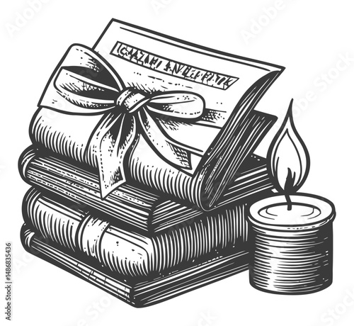 Vintage Vector Drawing of Stacked Books with Candle and Ribbon