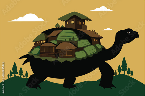 Silhouette of a Colossal Turtle Bearing a Vibrant Village on its Back Under a Serene Sky