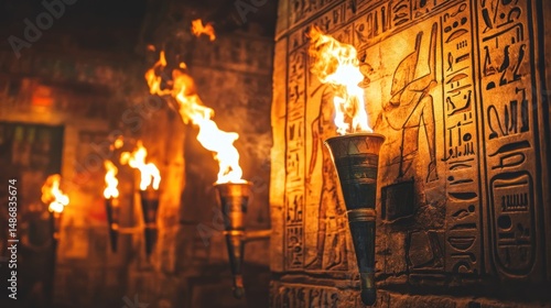 Illuminated Egyptian Hieroglyphs: Ancient Torches Cast Warm Glow on Mystical Wall