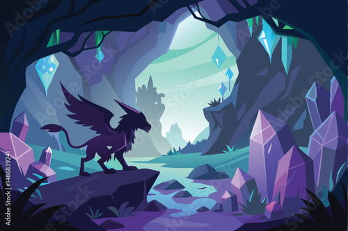 Mysterious Griffin's Shadow in an Enchanting Cave's Depths