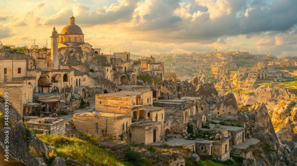 Fototapeta premium Ancient stone city at sunset panoramic view of historic hillside architecture