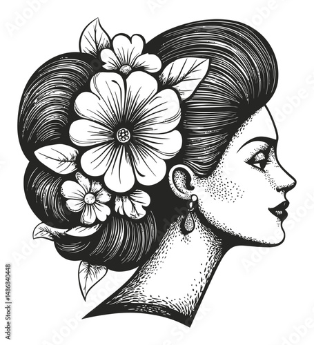 Elegant Woman with Floral Hair Design in Vintage Vector Style Art