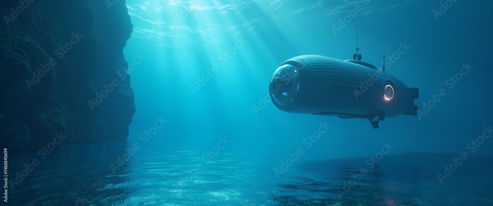 Fototapeta premium Futuristic Underwater Exploration: Modern Minimalist Wallpaper Featuring Autonomous Underwater Vehicles and Advanced Oceanic Imaging in Expansive Empty Space