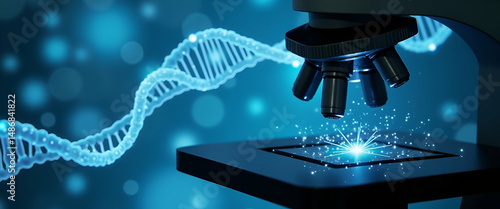 Wallpaper Mural Microscope view of modified DNA strands on advanced digital equipment in a biotech lab, showcasing genetic research and innovation with empty space for text. Torontodigital.ca