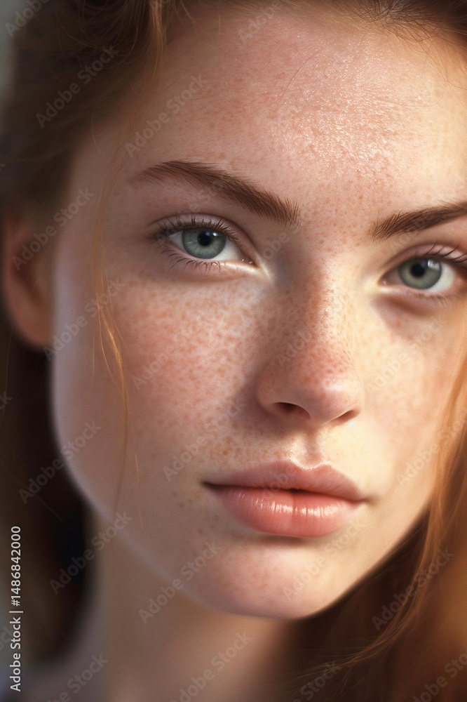 A young woman with fair skin, freckles, and striking green eyes, auburn hair, and soft natural makeup. A young woman with fair skin, freckles, and striking green eyes, auburn hair, and soft natural makeup.