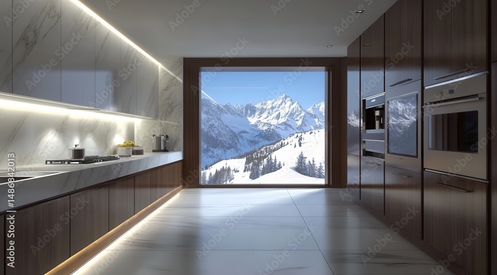 Fototapeta premium Modern kitchen with mountain view, sleek cabinetry, and marble countertops