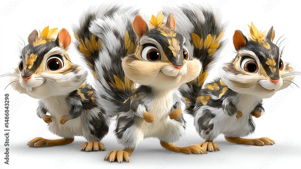 Fototapeta premium Adorable Three Chipmunks Cute Cartoon Squirrels AI Generated Clipart PNG White Bac