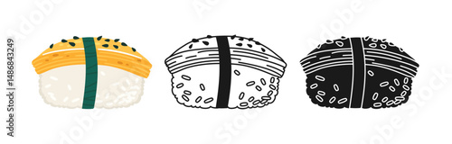 Sushi Nigiri with omelet symbol cartoon set. Traditional Asian Japanese food linear doodle icon. Sushi seafood vector illustration. Stylized doodle design sign for oriental menu, cafe, bar, restaurant