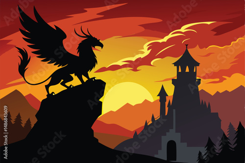 Silhouette of a Majestic Griffin Adorning a Castle Tower at Dusk