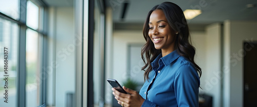 Young happy professional African American business woman company executive manager entrepreneur wearing blue shirt holding cellphone using mobile cell phone standing in office with smartphone in hand 