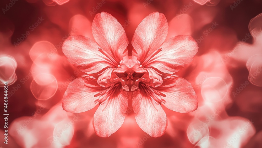 Fototapeta premium Coral flower, symmetrical, bokeh hearts