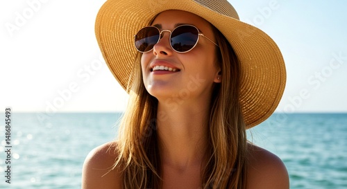 Lifestyle photo of a young woman enjoying a sunny beach day with sunglasses and a wide-brimmed hat
