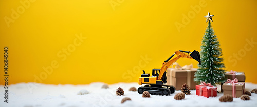 Toy Excavator Places Gold Star on Snowy Christmas Tree Surrounded by Gifts and Pine Cones - Festive Holiday Concept with Warm Yellow Background