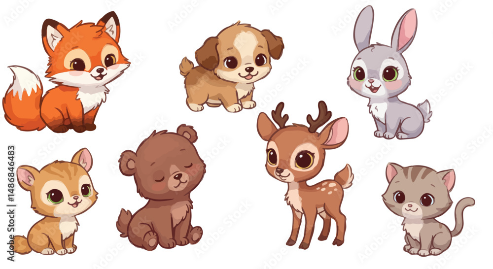 Fototapeta premium A set of adorable cartoon woodland creatures are depicted in a row on a white background.