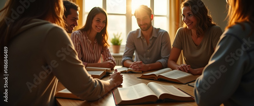 Warm and Inviting Christian Bible Study Group in Natural Light - Friends Gathered to Explore the Word of God at Home